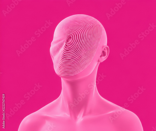 Pink Human Bust with Fingerprint Texture Face Surreal 3D Rendered Portrait on Solid Magenta Background