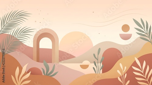 Minimalist abstract landscape illustration with warm earth tones, sun, hills, and geometric shapes