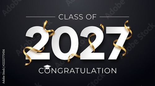 Class of 2027 graduation celebration background with white numbers and elegant gold ribbons on a dark black luxury backdrop
