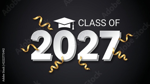 Class of 2027 graduation typography design with white numbers and a mortarboard cap on a dark black background with ribbons
