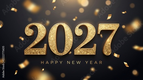 Happy New Year 2027 greeting card design with 3D gold glitter numbers and falling confetti on a dark background