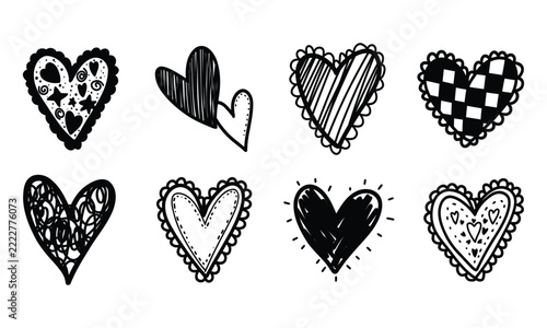Hand drawn black heart doodle set, sketchy checkerboard, double heart and lace border love symbols line art illustrations isolated on white background