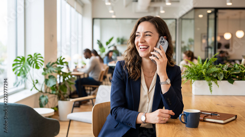 Smiling Businesswoman Talking on Phone in Modern Office 