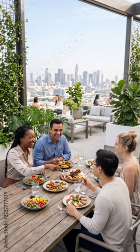 Dining on Rooftop Restaurant with City Skyline View 