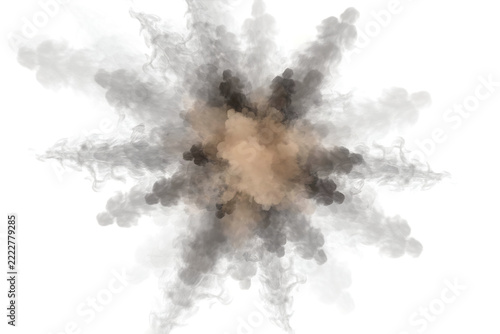 A large, dense explosion of beige and grey smoke or powder particles spreading outwards in a star-like shape against a clean white background isolated on a transparent background