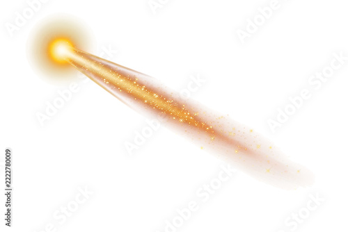 Glowing orange comet with a long sparkling tail and bright light core on a transparent background, for space and, celestial motion themes isolated on a transparent background