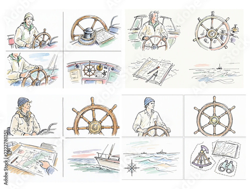 Nautical illustrations of sailors navigating with ship's wheel  