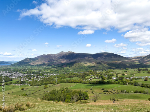 Scenic valley landscape with mountains and rural settlement in the English Lake District