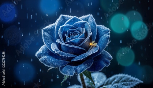 Macro of blue rose covered in frost crystals with firefly at night