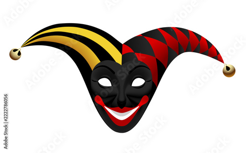 A black theatrical smiling Joker mask wearing a jester's cap, isolated on a white. Vector illustration in 3d style.