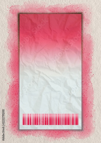 Crinkled paper packaging mockup with barcode and pink textured background