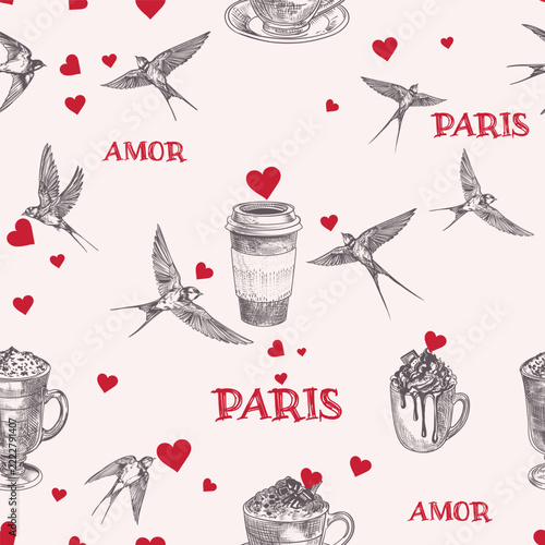 French style vector seamless pattern with coffee mugs, hearts and swallow birds