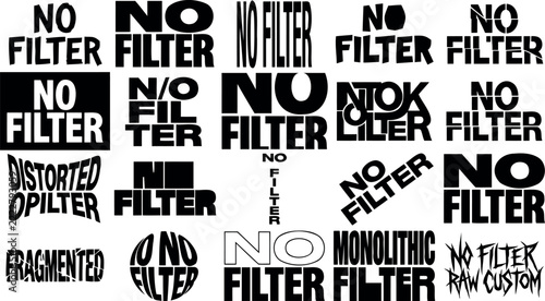 Creative typography design with no filter text in various styles and effects illustration