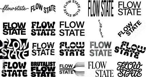 Creative collection of flow state typography and logo variations in black and white illustration