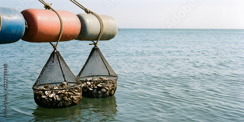 Floating oyster baskets suspended beneath paired buoyant tubes for Aquaculture cultivation infrastructure and hatchery equipment
