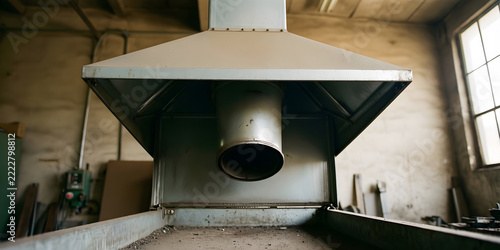 Short extraction hood above a contained workshop source for Ventilation installation and maintainable air distribution