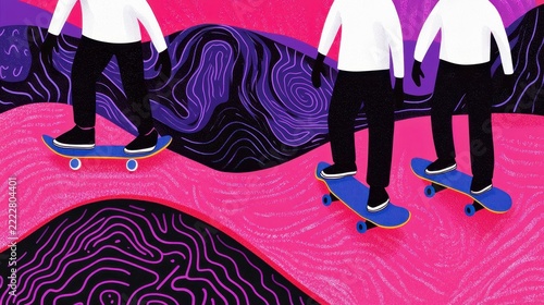 Abstract illustration of three people skateboarding on pink path