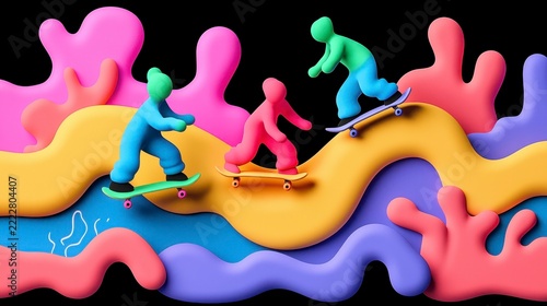 Abstract 3d characters skateboarding on colorful liquid waves