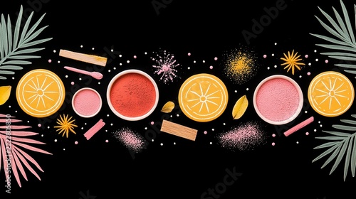 Natural cosmetics ingredients arranged on black background