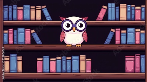 Cute cartoon owl wearing glasses sitting on a wooden library bookshelf