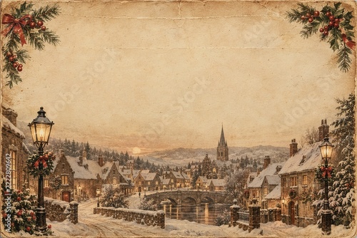 A nostalgic postcard from the last century. A vintage illustration depicting a traditional, snow-covered town with retro gas lamps and Christmas decorations, featuring space for text.