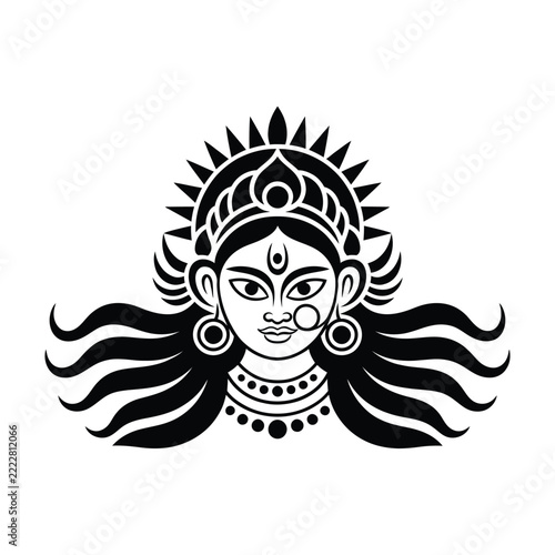 Black silhouette of hindu goddess durga face with ornate headdress and jewelry