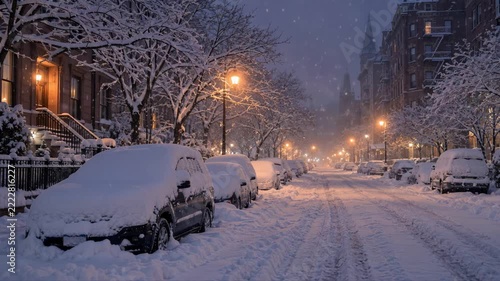 Snow covered residential city street during heavy winter blizzard at night with parked cars and glowing warm streetlights