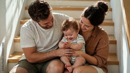 Happy Parents Sitting on Wooden Stairs and Playing with Joyful Laughing Baby at Home