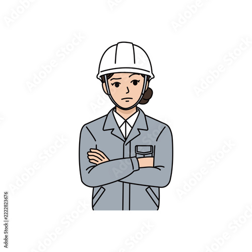 ヘルメットとグレー作業着を着用して腕を組み真剣に考える女性上司イラスト