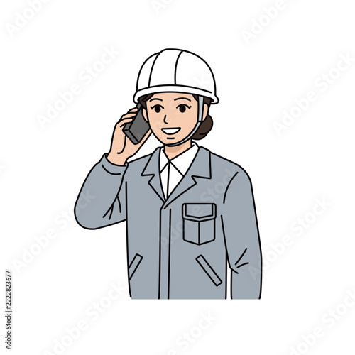 ヘルメットとグレー作業着を着用してスマホで電話や現場連絡をする女性上司イラスト
