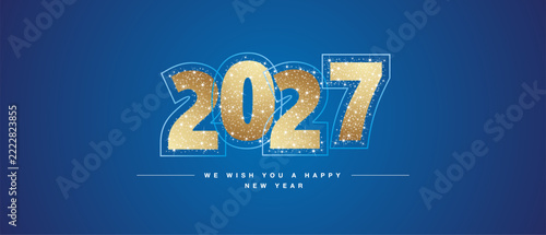 We wish you a Happy New Year 2027 light golden glitter typography with neon outline 2027. New Year on blue background