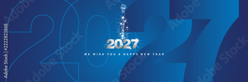 We wish you a Happy New Year 2027 sparkler firework shining silver blue greeting card with silhouette numbers from outline to fully shaded blue background shape of 2027 year