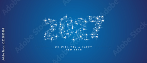 We wish you Happy New Year 2027. Numbers tipography with many stars and stardust in the shape of 2027 on blue background