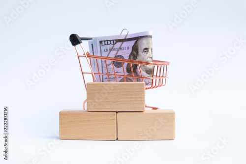 Miniature shopping cart filled with US dollar banknotes behind three blank wooden blocks pyramid on white background