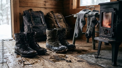Winter boots and wet socks drying near a cabin wood stove