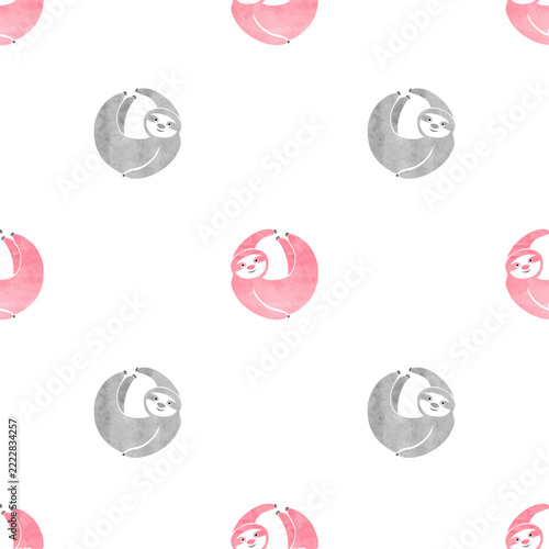 Polka dot print with cartoon sloth. Vector childish seamless pattern