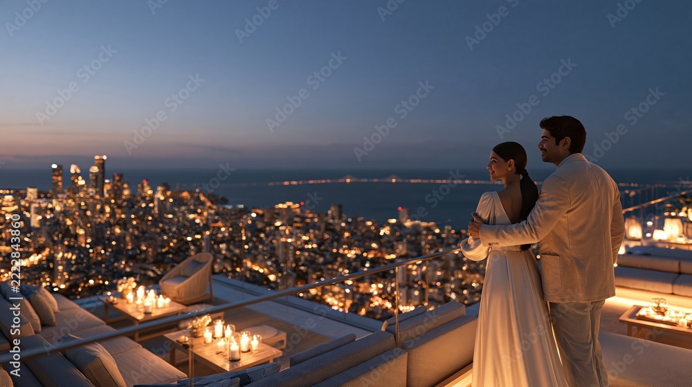 Fototapeta premium Romantic Couple Admiring Cityscape at Dusk from Rooftop Terrace with Fire Features