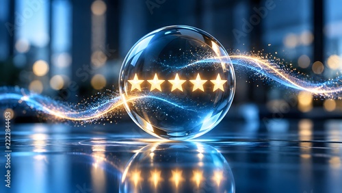 Five gold stars inside a glowing glass sphere with dynamic light trails representing premium quality excellent rating and top customer review
