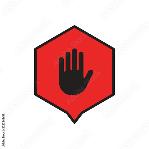 Red hexagonal speech bubble with a black outline containing a black stop hand gesture symbol, indicating prohibition or warning.