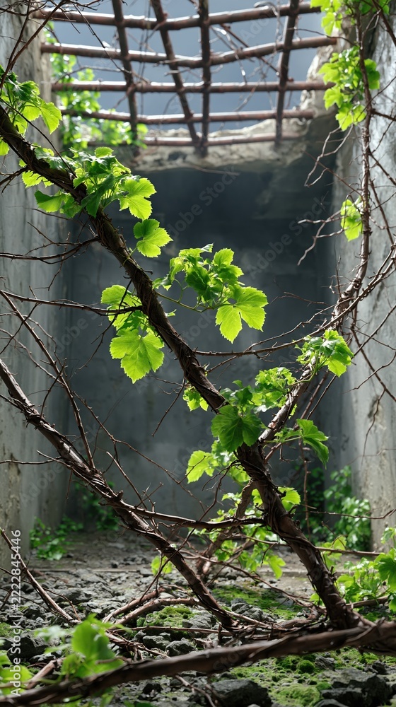 Fototapeta premium Overgrown Greenery Reclaims Abandoned Concrete Structure with Rustic Wooden Trellis Overhead