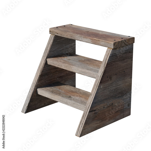 Rustic wooden step stool isolated on a white background.