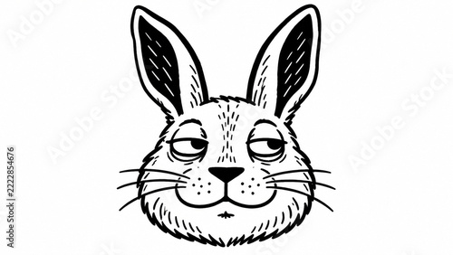Amused Rabbit Head with Long Ears in Black and White Ink