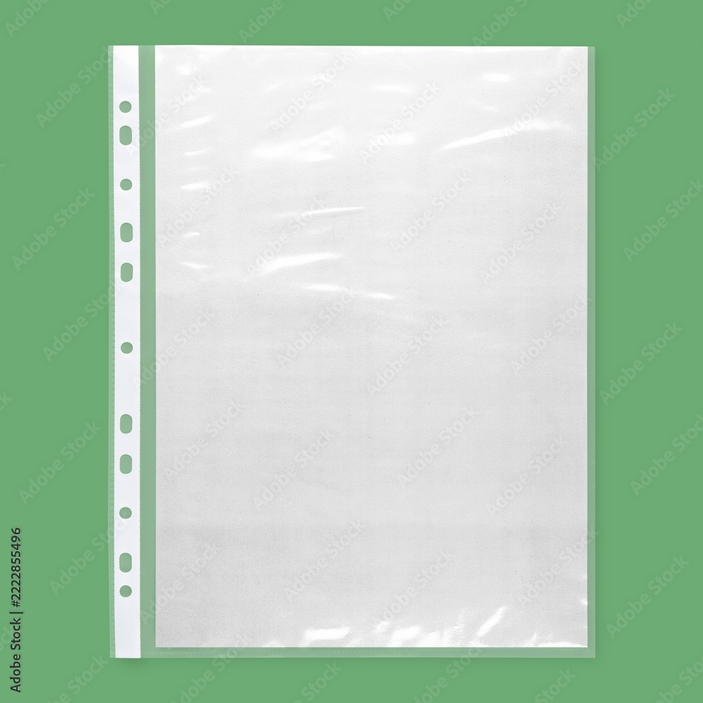 Fotografie Blank white plastic binder sheet protector on green background