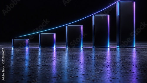 Glowing Neon Bar Chart of Black Glass Blocks with Rising Trend Line for Business Growth, Profit and Success Concept
