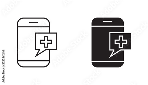 Minimalist smartphone outline icon with a medical cross inside a message bubble, representing digital healthcare, medical assistance, telemedicine, online consultation, and mobile health services. Cle