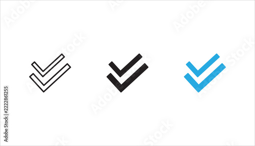 Minimalist double check mark outline icon representing task completion, confirmation, approval, verification, and successful status. Simple black line design isolated on a white background, suitable f