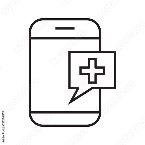 Minimalist smartphone outline icon with a medical cross inside a message bubble, representing digital healthcare, medical assistance, telemedicine, online consultation, and mobile health services. Cle