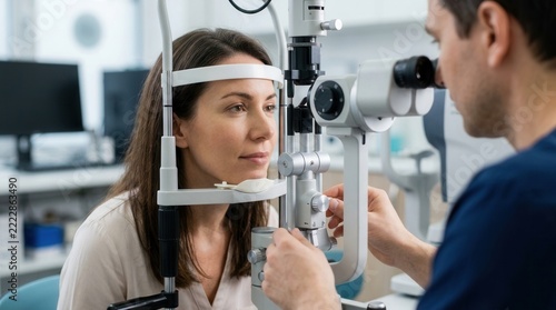 A woman receives a comprehensive eye exam at a professional ophthalmologist clinic.