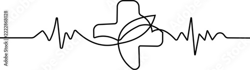 Continuous line of a medical cross intertwined with a cardiogram pulse