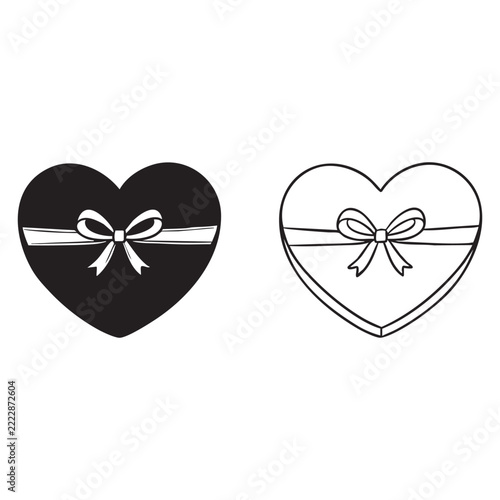 Hand drawn heart shaped boxes with ribbon bows in black and white